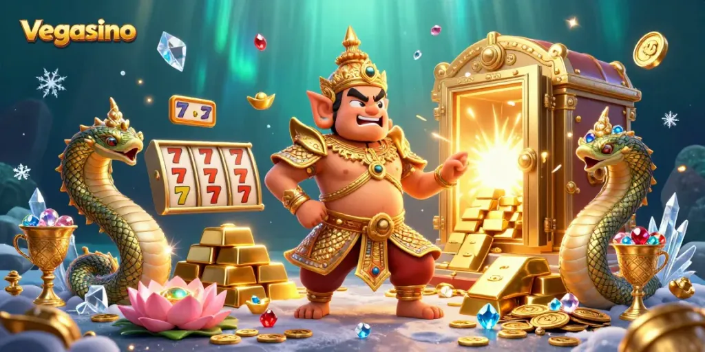 Spin slots and win treasures at vegasino with guardian and Naga in a rich, vibrant 3D setting.