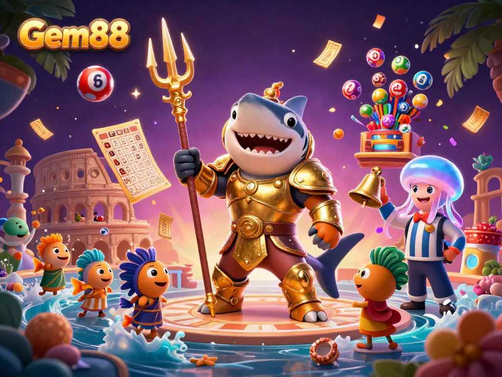 Experience the thrill of Gem88 with a vibrant underwater scene featuring a gladiator shark and dynamic lottery elements.