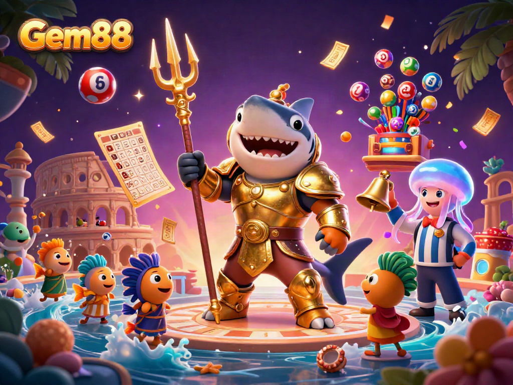 Experience the thrill of Gem88 with a vibrant underwater scene featuring a gladiator shark and dynamic lottery elements.