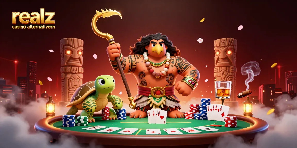 Spiele im realz casino alternativen mit einem hawaiianischen Demigod neben einem Pokertisch und Tiki-Statuten.