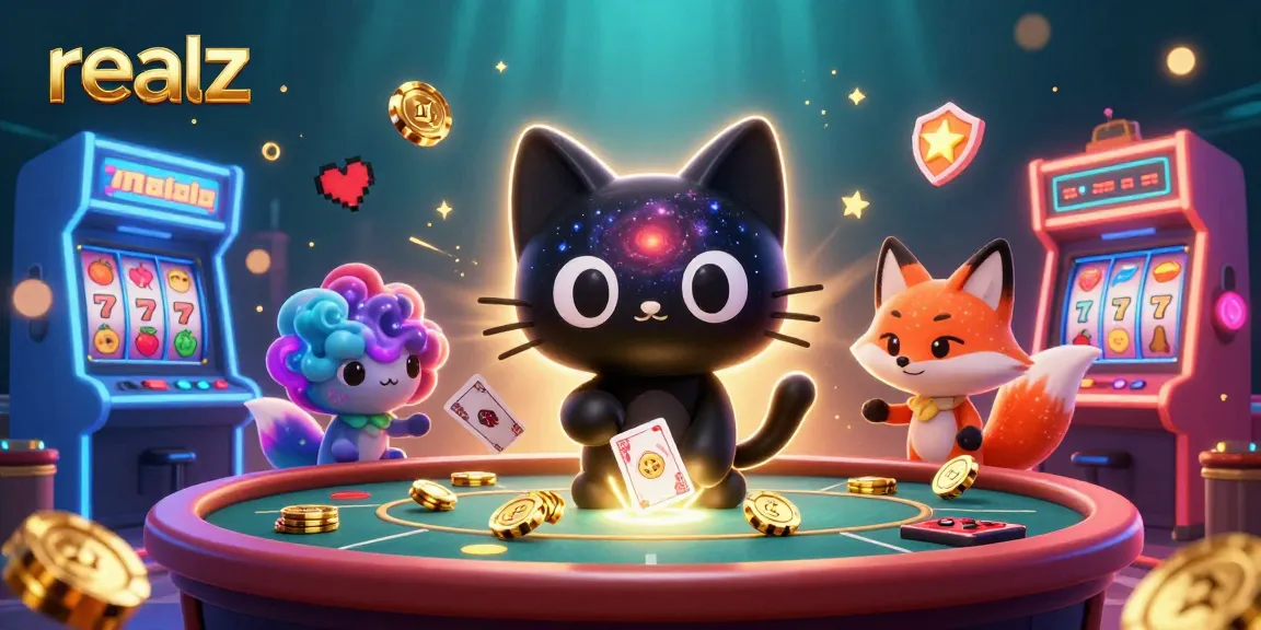 Engage in gaming excitement at Realz casino with vibrant characters and dynamic scenes.